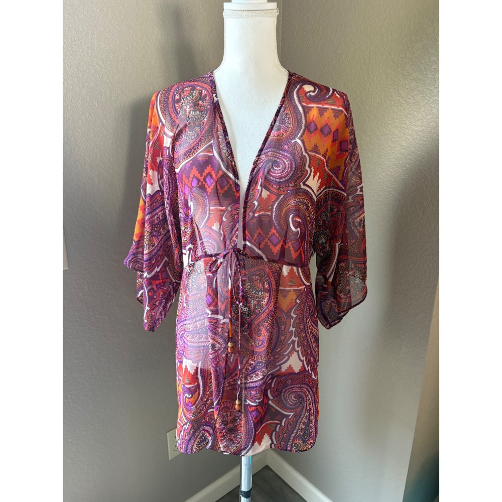 Cabi Womens Large Paisley Sheer Kimono Cardigan Tie Front Cover Up Purple Orange